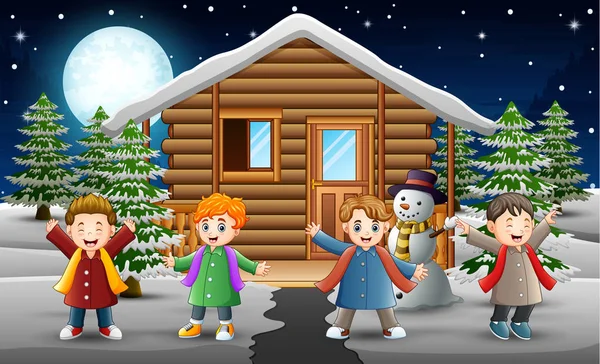 Cartoon Kids Singing Front Snowing House — Stock Vector