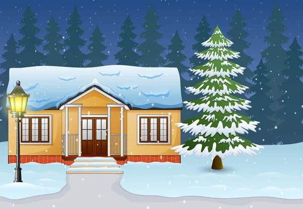 Cartoon Van Nacht Winterlandschap Met Huis Sneeuw Straat — Stockvector