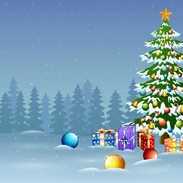 Weihnachtsbaum Winterlichen Hintergrund Mit Geschenkschachteln Und Kugeln — Stockvektor