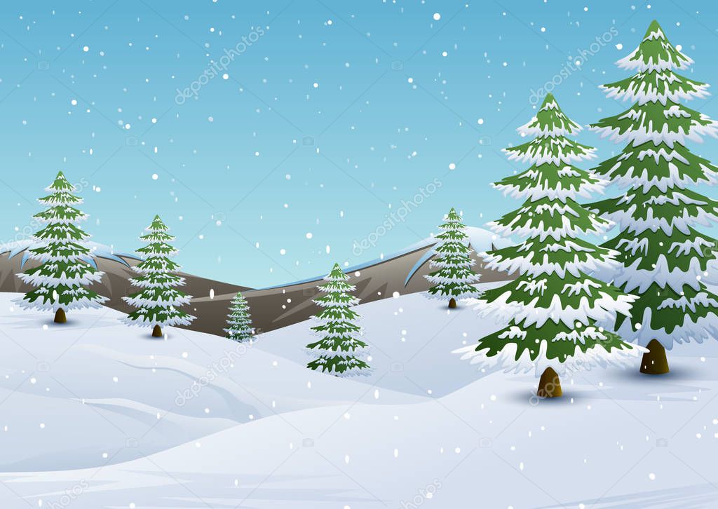 Winter mountains landscape with fir trees and falling snow
