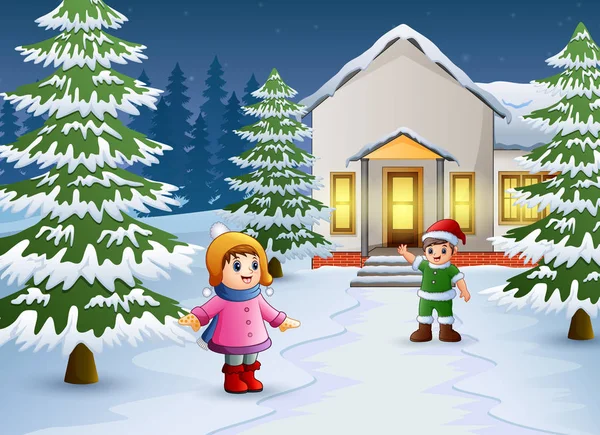 快乐的孩子们在下雪的房子前玩耍 — 图库矢量图片