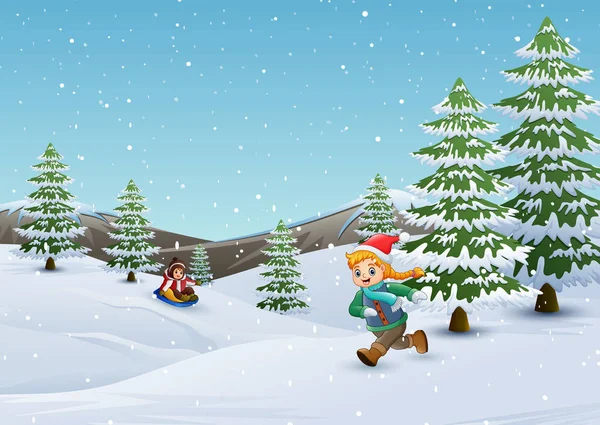 Счастливые Дети Играющие Зимнем Пейзаже — стоковый вектор