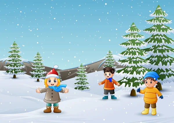 快乐的孩子在冬天风景演奏 — 图库矢量图片