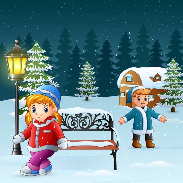 Happy Kids Play Winter Background — Stock Vector