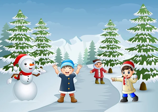 Happy Kids Wear Winter Clothes Play Outdoors — Stock Vector