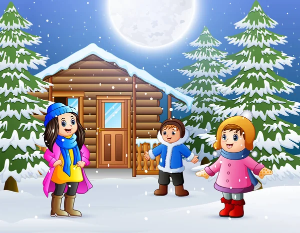 Happy Kids Wear Winter Clothes Play Front Snowy Wooden House — Stock Vector