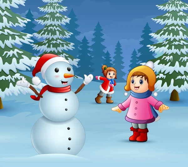 Happy Kids Playing Snowman Winter — Stock Vector