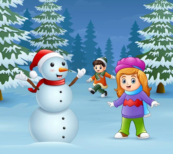 快乐的孩子们在冬天玩雪人 — 图库矢量图片