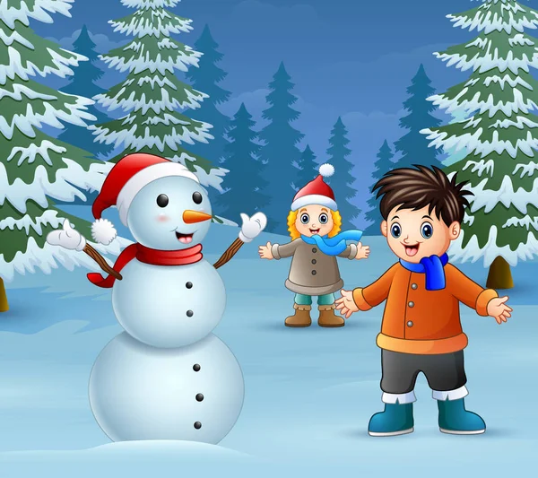Happy Kids Playing Snowman Winter — Stock Vector
