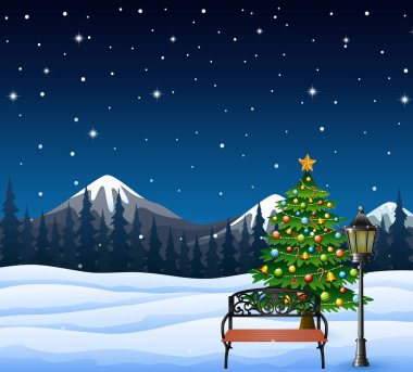 Karikatür Noel ağacının dekore edilmiş ve bir dağ arka plan ile tezgah