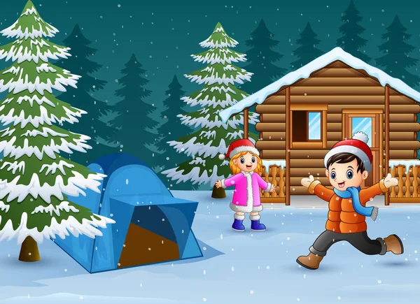 Happy Kids Wear Winter Clothes Play Front Snowy Wooden House — Stock Vector