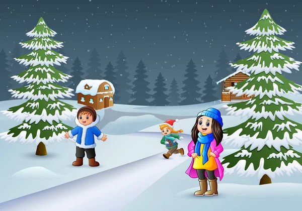 快乐的孩子们穿上冬衣 在乡村环境中玩耍 — 图库矢量图片