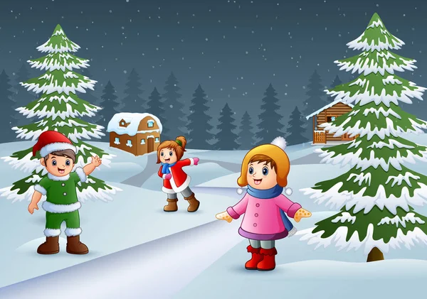 快乐的孩子们穿上冬衣 在乡村环境中玩耍 — 图库矢量图片