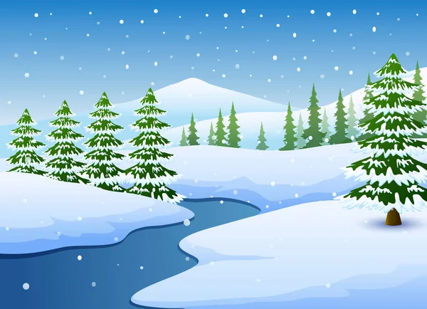 Зимовий Пейзаж Замерзлим Озером Ялинками — стоковий вектор