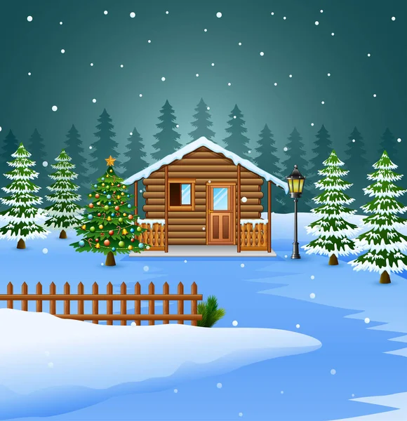 Pohled Zasněžené Dřevěný Dům Vánoční Strom Dekorace — Stockový vektor