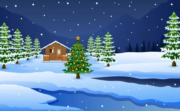Χιονισμένο Ξύλινο Σπίτι Και Διακόσμηση Χριστουγεννιάτικων Δέντρων — Διανυσματικό Αρχείο