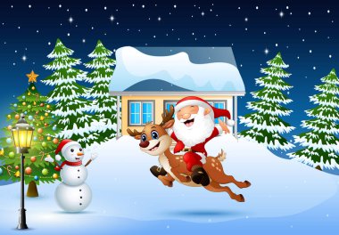 Mutlu Noel Baba kar yağıyordu köyde atlama bir Ren geyiği sürme