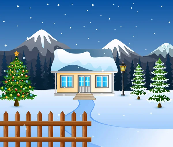 Winternacht Met Kerst Bomen Besneeuwde House Een Berg Achtergrond — Stockvector