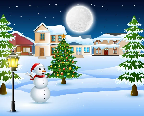 Night Winter Village Landscape Snow Covered House Christmas Tree Snowman — Stock Vector