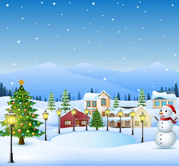 クリスマス ツリーと雪だるま冬の風景 — ストックベクタ
