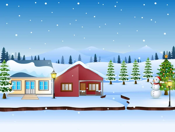 冬天风景与山和雪房子 — 图库矢量图片