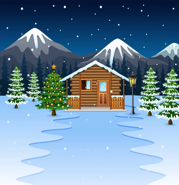 Cartoon Van Houten Huis Met Kerstboom — Stockvector