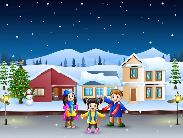 Glückliche Kinder Spielen Weihnachtstag Vor Dem Verschneiten Dorf — Stockvektor