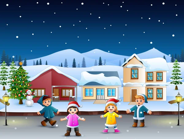 圣诞节那天快乐的孩子们在下雪的村庄前玩耍 — 图库矢量图片