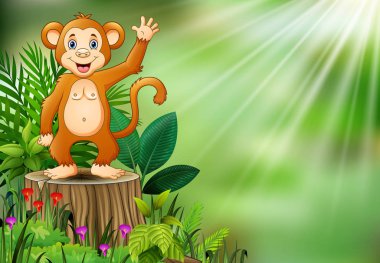 Sallayarak ve ağaç kütüğü ile yeşil bitkiler üzerinde duran sevimli maymun çizgi film