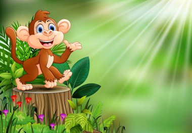 Karikatür mutlu maymun ağaç kütüğü yeşil bitkiler ile oturup...
