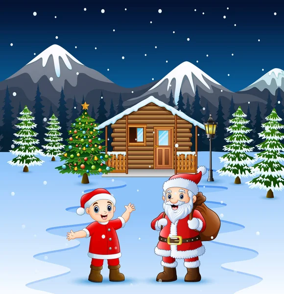 Карикатура Двух Санта Клаусах Перед Заснеженным Деревянным Домом Руках Мешок — стоковый вектор