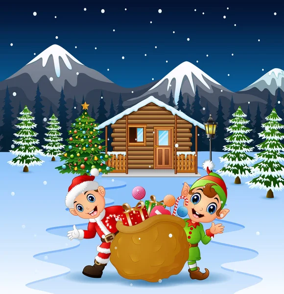 Glücklicher Weihnachtsmann Und Elfe Mit Einem Großen Sack Voller Geschenke — Stockvektor