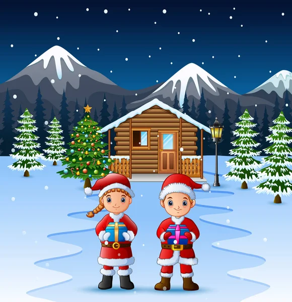 Paar Weihnachtsmann Hält Eine Schachtel Geschenk Vor Dem Verschneiten Holzhaus — Stockvektor