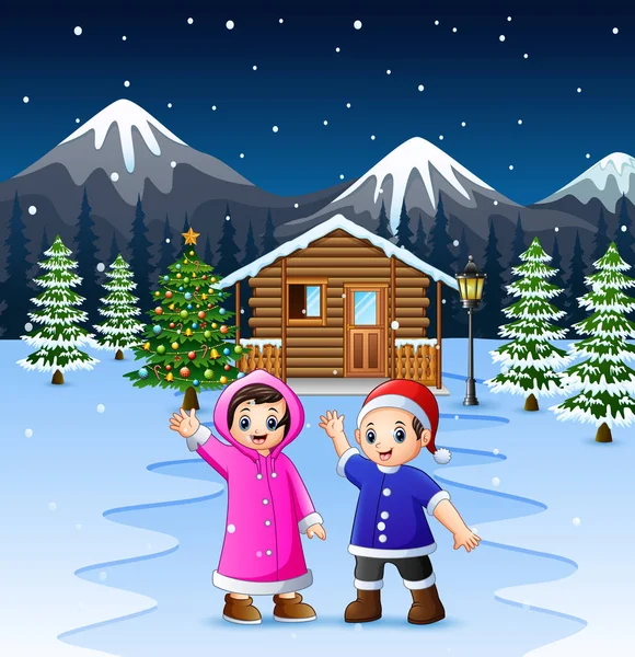 Two Kids Waving Hand Front Snowy Wooden House Mountain Background — Stock Vector