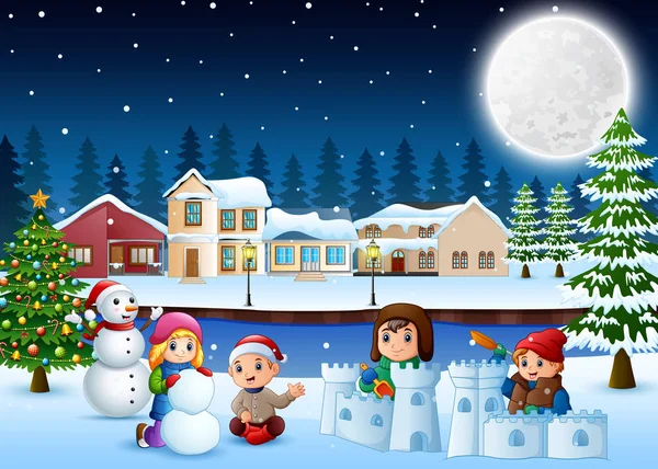Cartoon Happy Kids Playing Making Snow Wintertime — Stock Vector