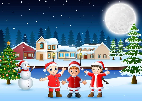 Happy Kids Santa Costume Celebration Christmas Day Night — Stock Vector