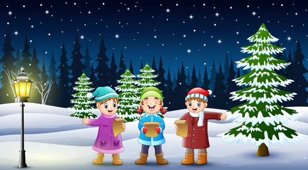 Grupo Crianças Felizes Cantando Jardim Nevado —  Vetores de Stock