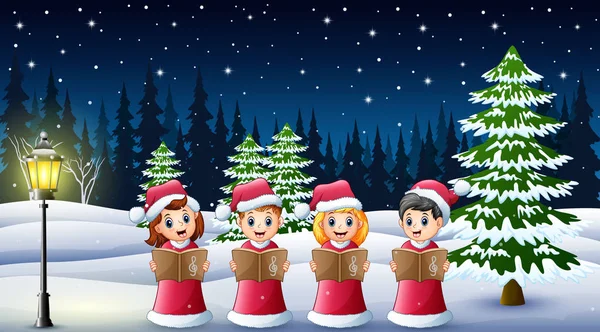 Group Kids Red Santa Costume Singing Christmas Carols Winter Background — Stock Vector