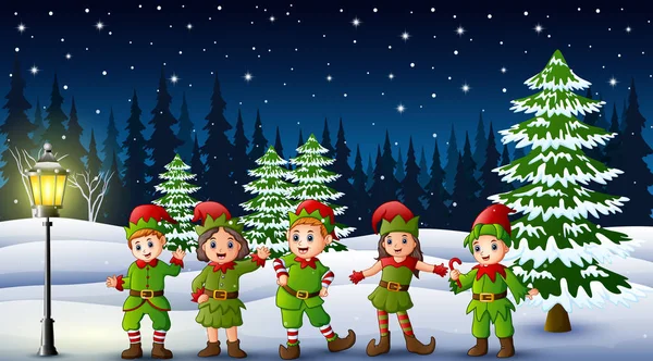Kar Yağıyordu Hill Elf Kostümü Giyen Çocuk Mutlu — Stok Vektör