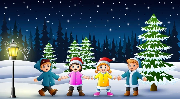 Happy Kids Playing Winter Landscape Night — Stock Vector