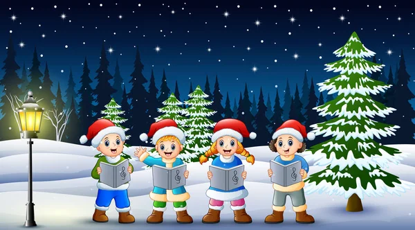 Children Singing Christmas Carols Winter Chlotes Santa Hat Snowy Pine — Stock Vector