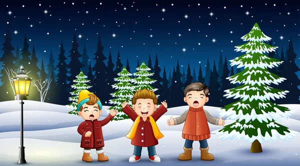 Happy Kids Playing Winter Landscape Night — Stock Vector