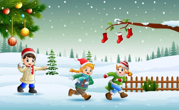Crianças Felizes Brincando Correndo Neve Dia Natal — Vetor de Stock