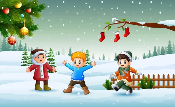 Crianças Felizes Vestindo Chlotes Inverno Jogando Neve Dia Natal — Vetor de Stock