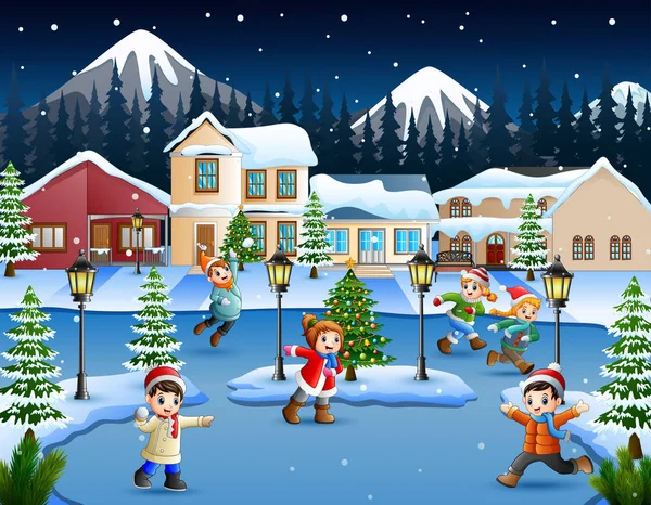 在下雪的村庄里玩耍的快乐的孩子的动画片 — 图库矢量图片