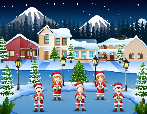 Happy Children Singing Christmas Carols Winter Night Landscape — Stock Vector