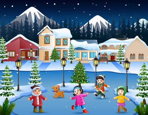 Cartoon Happy Kid Playing Snowing Village — Stock Vector