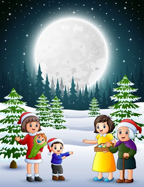 Happy Familly Snowy Garden Night — Stock Vector