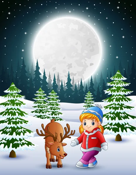 晚上在雪园里和鹿玩耍的小女孩 — 图库矢量图片