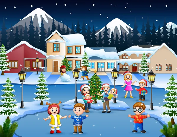 快乐的孩子和家人在下雪的村庄玩耍的动画片 — 图库矢量图片